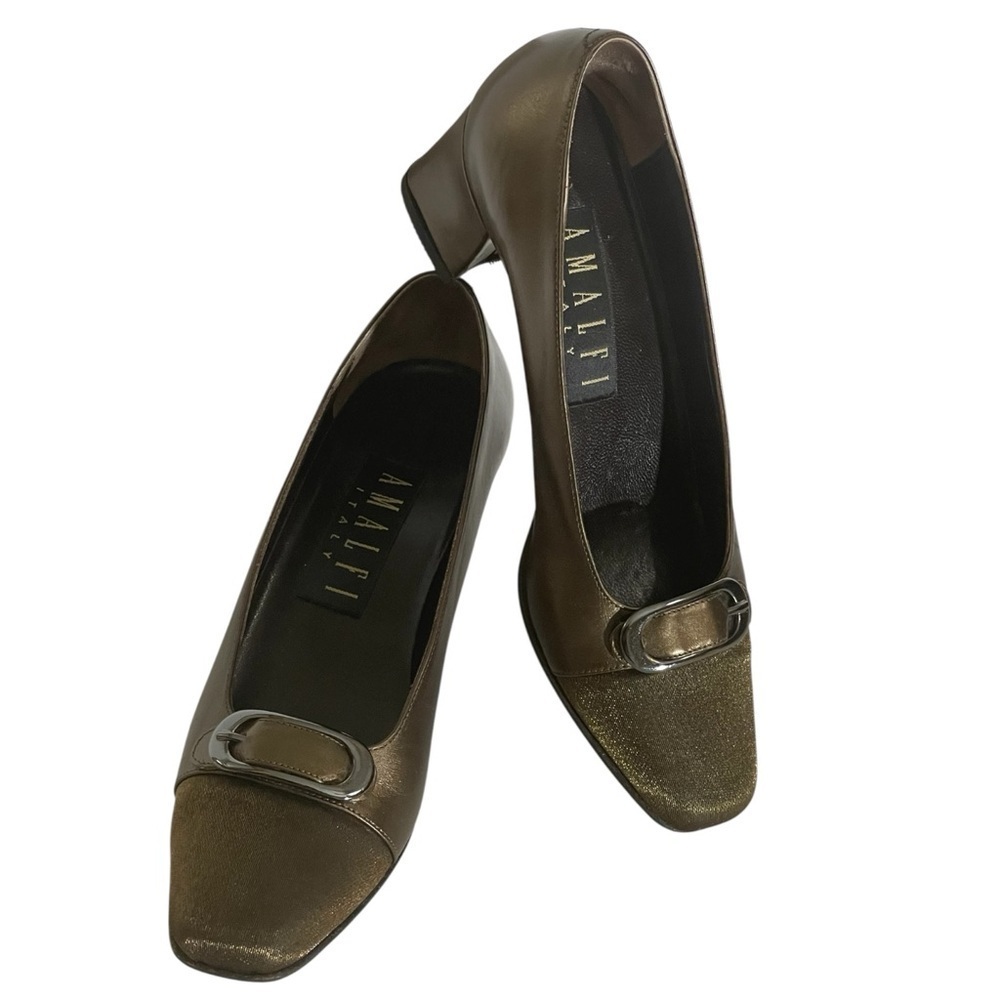 ITALIAN VINTAGE 90’S BRONZE METALLIC BUCKLE BLOCK HEEL SZ 6 AA/NARROW EUC